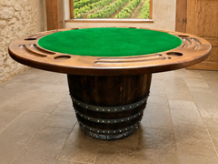 Whiskey & Wine Barrel Game Table Set — Poker Top and Dining Top Included, 6 Chairs