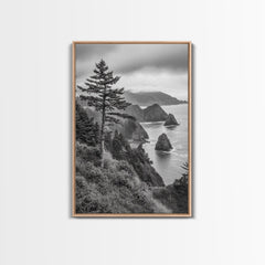 Oregon Coastline View, Misty Cliffs, Evergreen Forest, Coastal Vibes, Framed Canvas Print, Rustic Cabin Art, Living Room Wall Decor