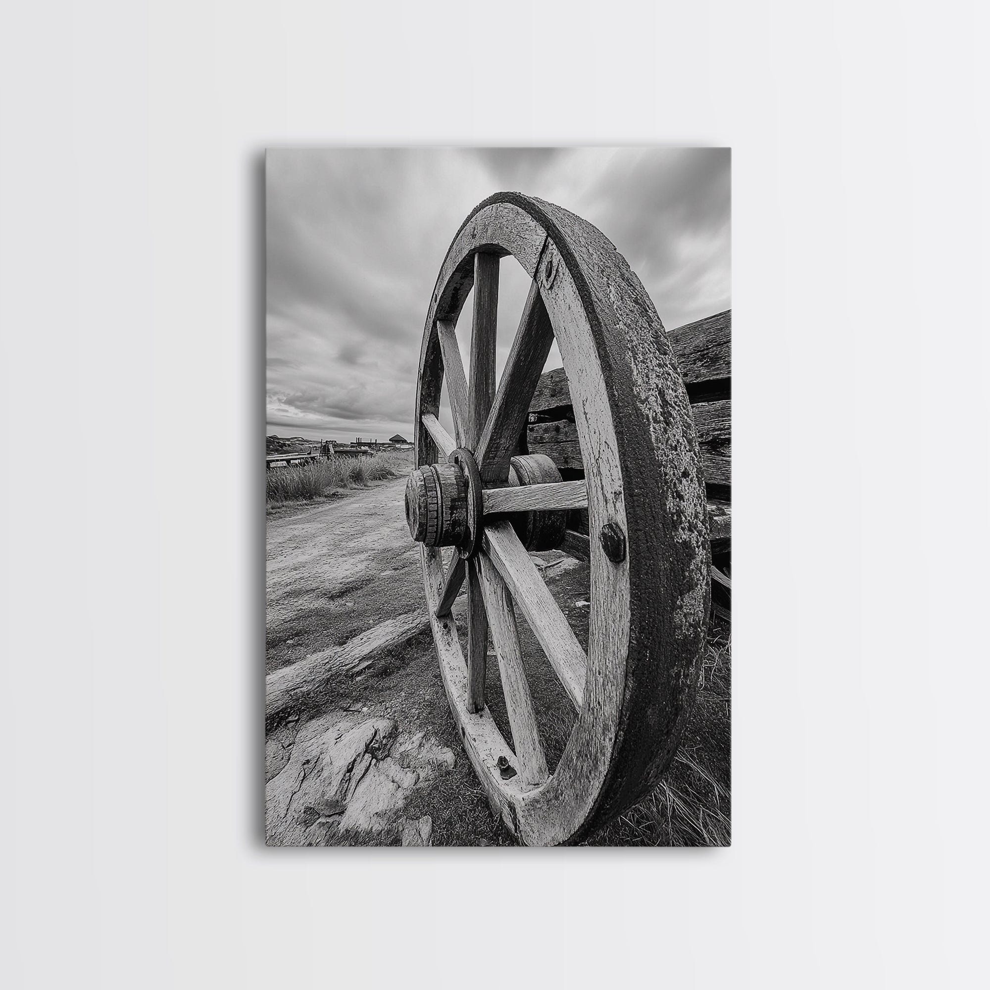 Rustic Wagon Wheel, Country Road, Western Wall Decor, Framed Canvas Print, Farmhouse Style, Living Room Art, Vintage Photography