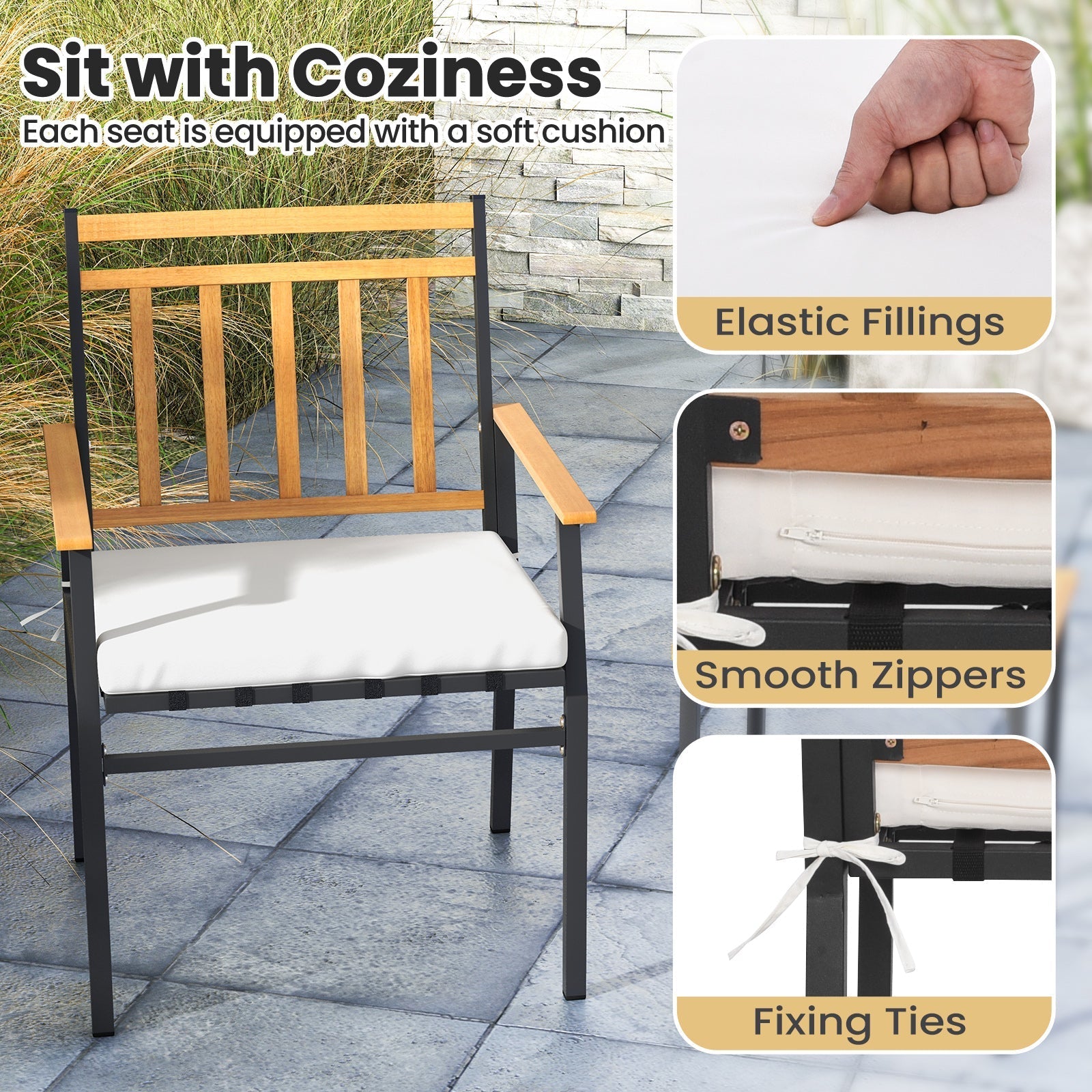 3 Piece Acacia Wood Patio Conversation Set with Cushions