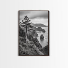 Oregon Coastline View, Misty Cliffs, Evergreen Forest, Coastal Vibes, Framed Canvas Print, Rustic Cabin Art, Living Room Wall Decor