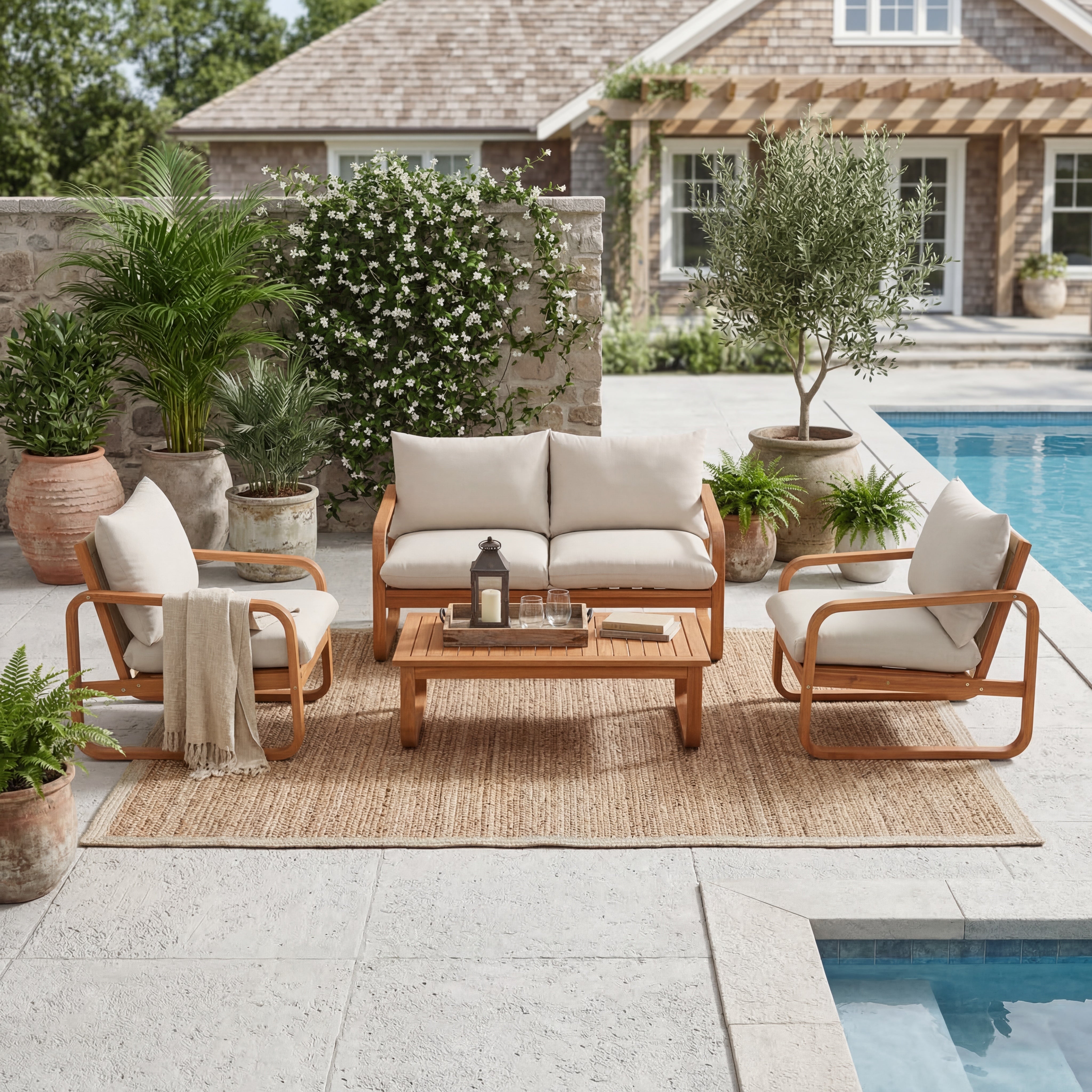 4 Piece Acacia Wood Outdoor Patio Furniture Set Seating