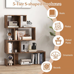 5-Tier S-Shaped Bookshelf with Open Cubes - Rustic Brown