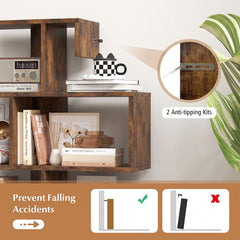 5-Tier S-Shaped Bookshelf with Open Cubes - Rustic Brown