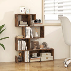 5-Tier S-Shaped Bookshelf with Open Cubes - Rustic Brown
