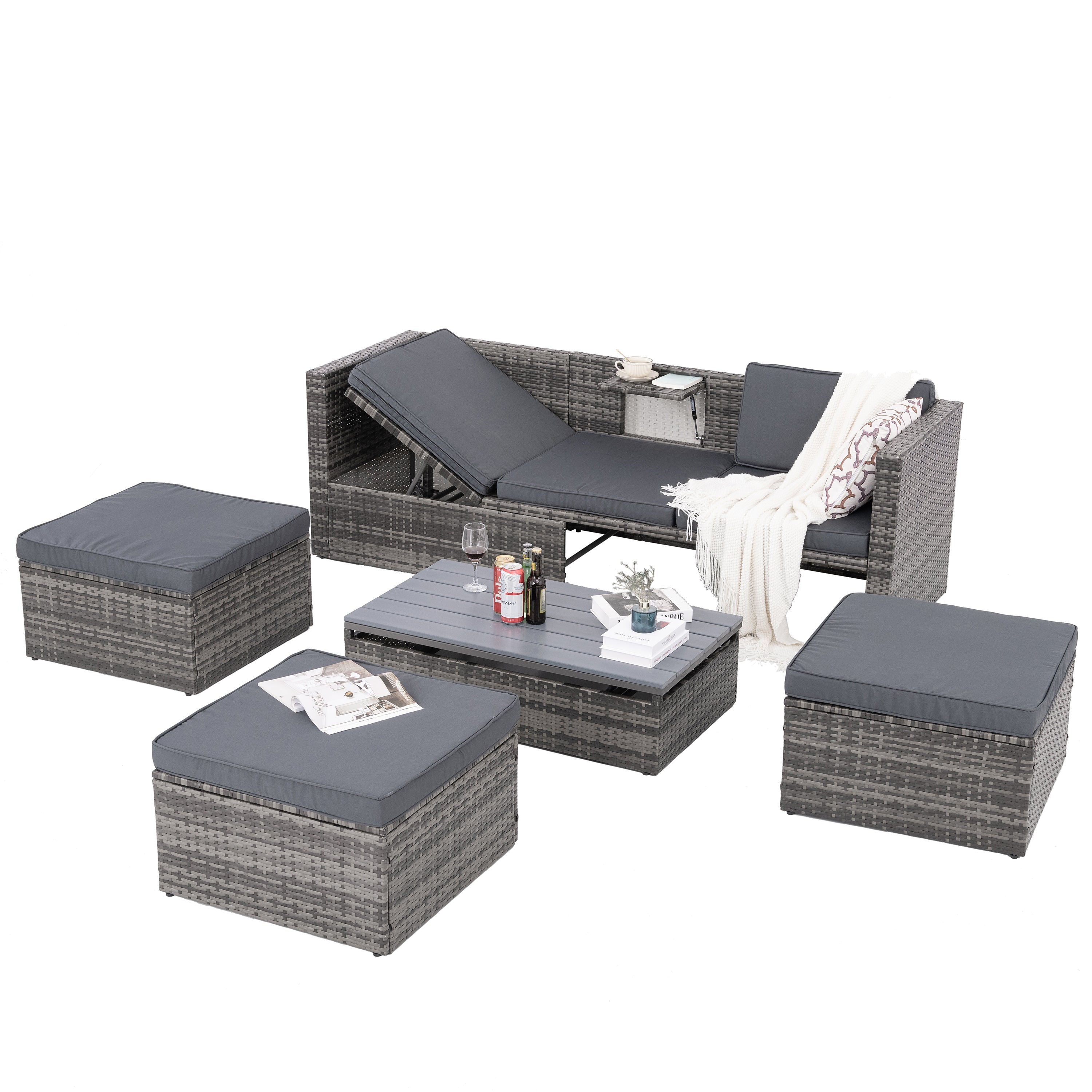 5 Piece Outdoor PE Wicker Patio Furniture Set with Coffee Table