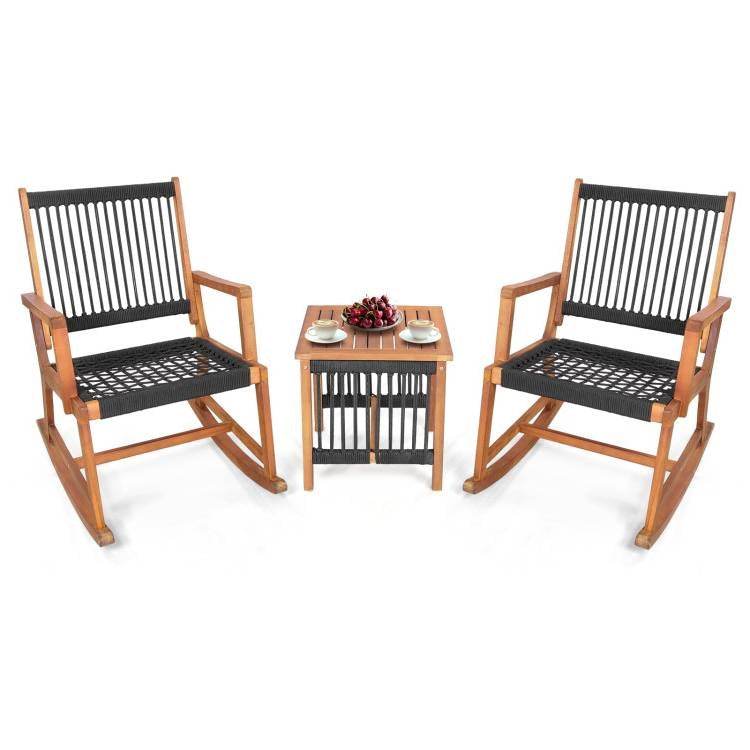 3 Piece Outdoor Wood Patio Rocking Chair Table Bistro Set