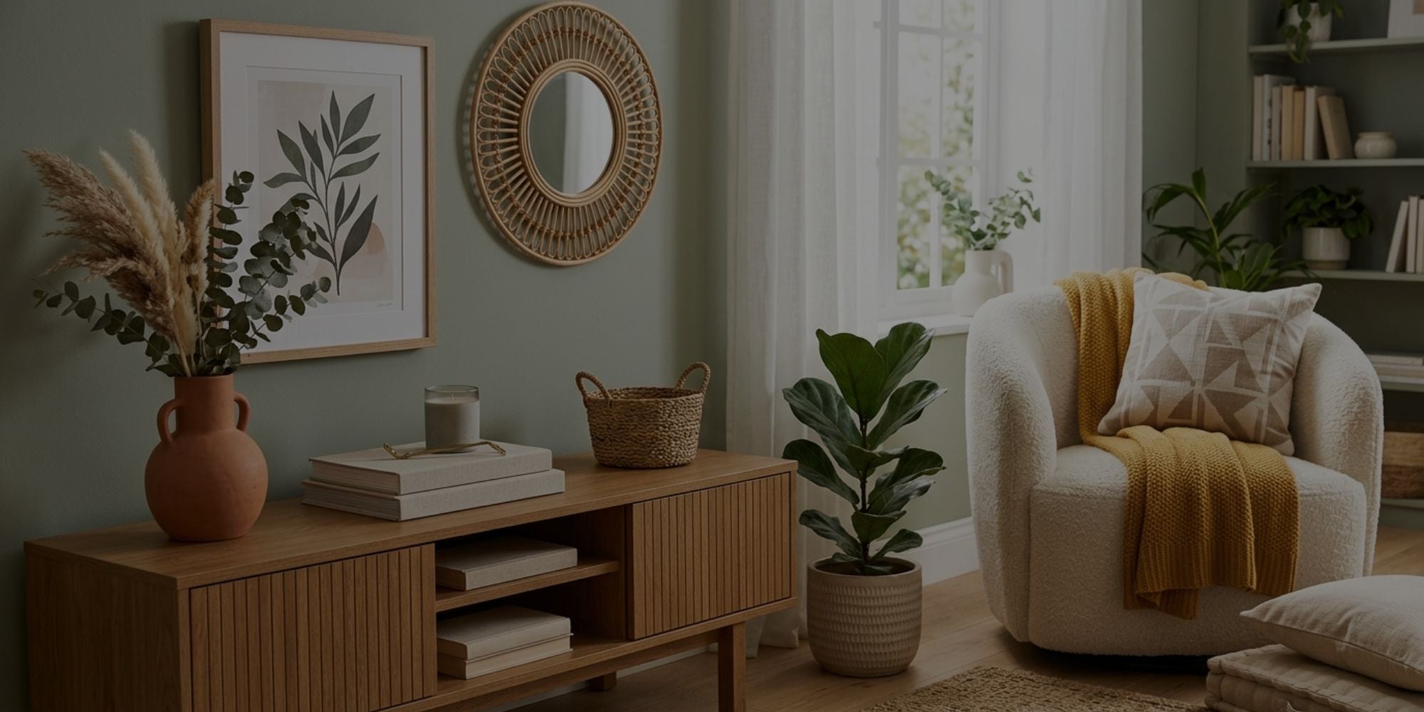 A styled living room corner featuring a light wood console cabinet, a cream armchair with a mustard yellow throw and pillow, a potted fiddle-leaf fig plant, a round woven wall mirror, and framed botanical wall art against a sage green wall.