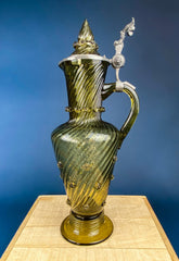 XL Vintage Glass Pitcher with Pewter Detailing. Antique Hand Blown Large 18" German Wine or Water Jug. Vintage Gifts.