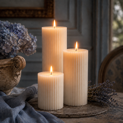Striped White Beeswax Pillar Candle Set