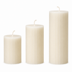 Striped White Beeswax Pillar Candle Set