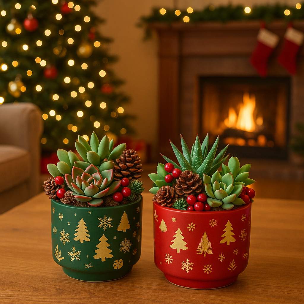Christmas Ceramic Planter – Single Piece (Red or Green) – Festive Holiday Tree Design