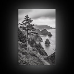 Oregon Coastline View, Misty Cliffs, Evergreen Forest, Coastal Vibes, Framed Canvas Print, Rustic Cabin Art, Living Room Wall Decor
