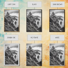 Oregon Coastline View, Misty Cliffs, Evergreen Forest, Coastal Vibes, Framed Canvas Print, Rustic Cabin Art, Living Room Wall Decor