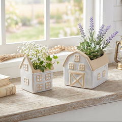 Neutral Porcelain House Barn Planter Set Decorative Home Accent