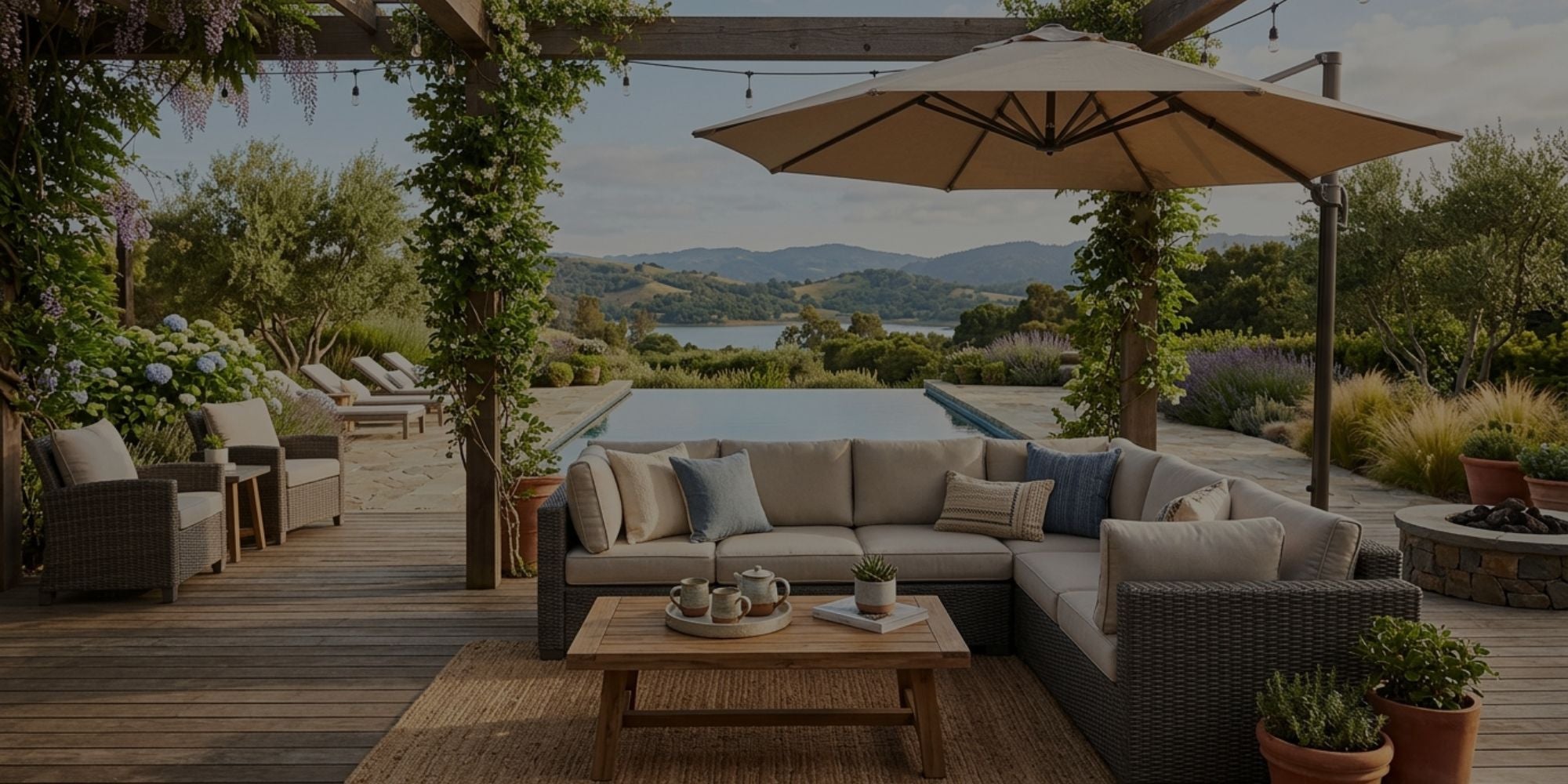 Outdoor patio furniture set on a wooden deck beside a swimming pool, featuring a gray sectional sofa with beige cushions, a wooden coffee table, a large beige patio umbrella, and a scenic mountain and lake view in the background.