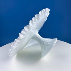 Vintage Thumb Print Milk Glass Cake Stand. White 12" Cake Serving Platter with Ruffled Edge. Wedding Birthday Holiday Celebration.