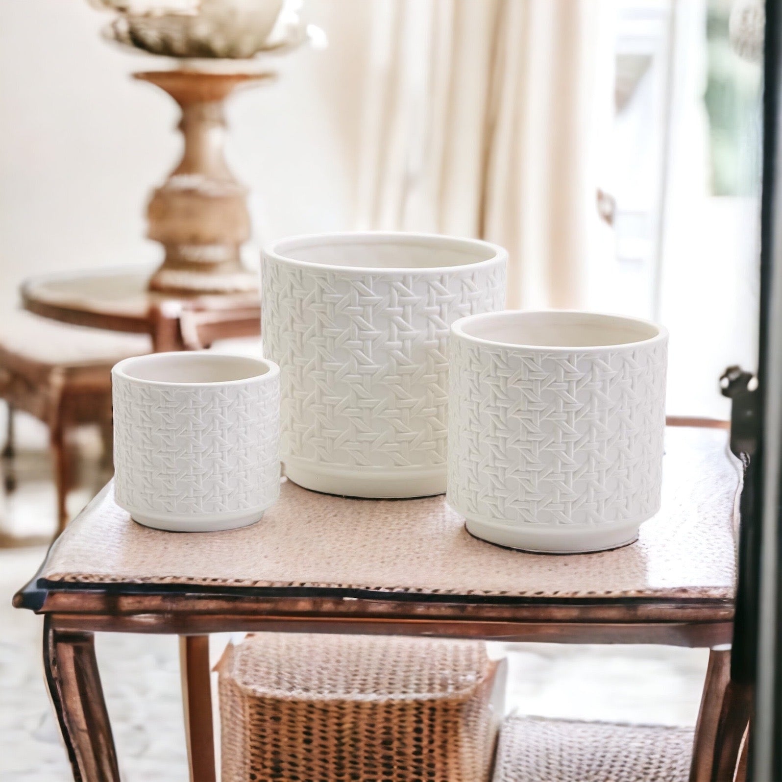 Ceramic Webbing Pattern Planters Embossed Cane Cement Pots