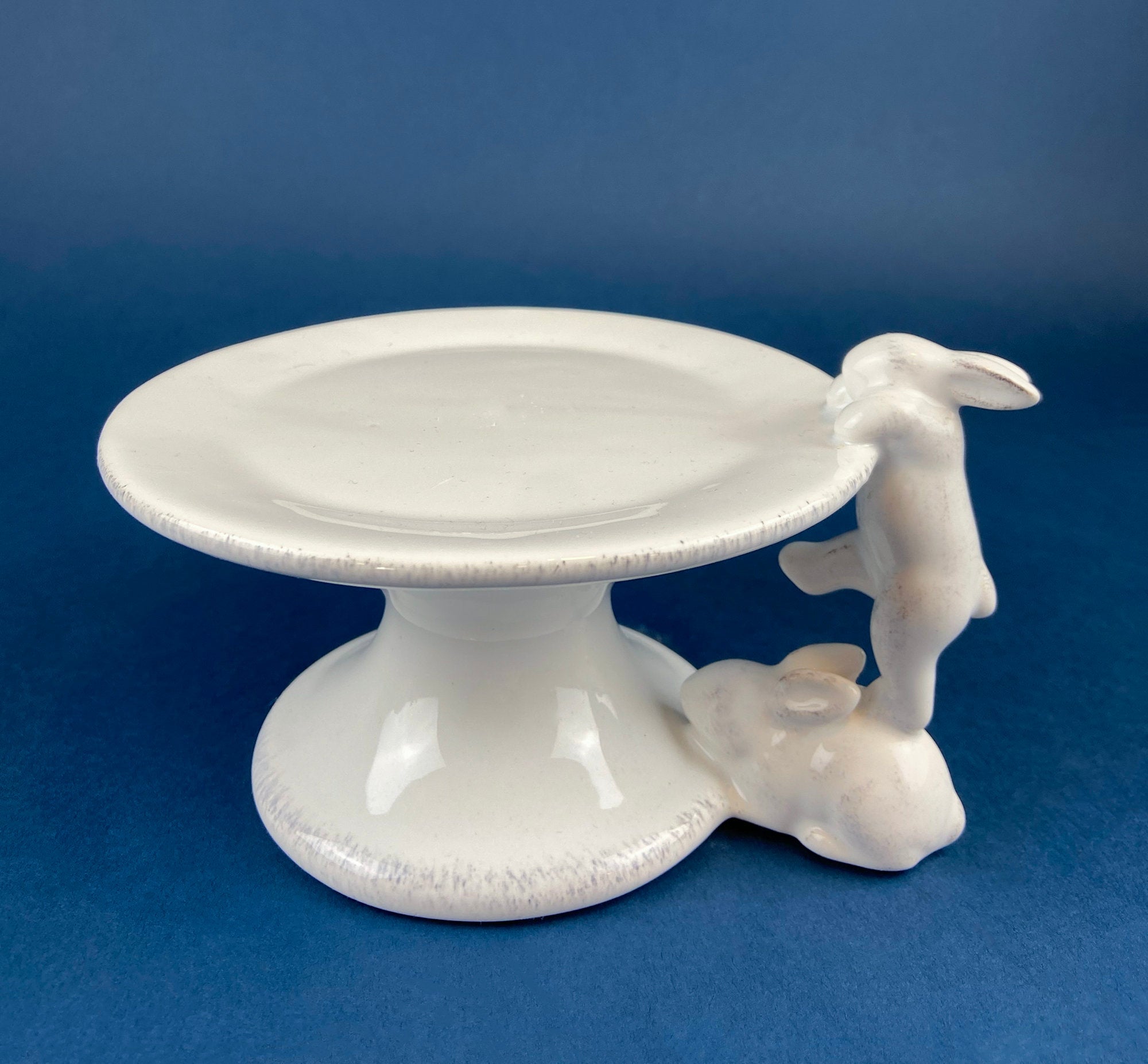 White Porcelain, Cupcake Sized Stand. Climbing Bunnies Detail. Rabbit Themed Table Accessories. Candy Dish, Candle Holder, Modern Farmhouse.