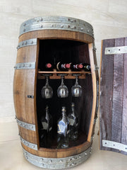 Whiskey & Wine Barrel Bar Set — Liquor Cabinet, Pub Table & Stools, Multi-Use Build