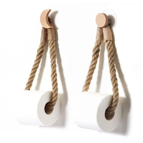 Wooden Toilet Paper Holder Hanging Rope Creative Bathroom Decor
